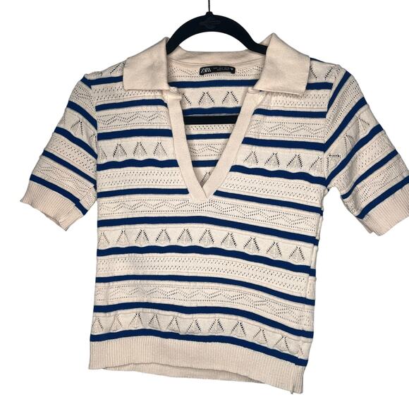 Zara Women’s Small Knit Polo Shirt with Pinstripes, Short Sleeves - Picture 1 of 3